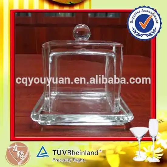Hot sale modern designed small square clear high flint glass dome cake stand with dome