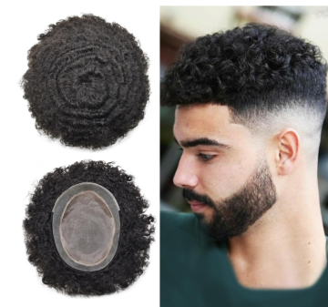 Mens Toupee Wave Hair Unit Fine Mono 8"×10" 16mm Curly Black