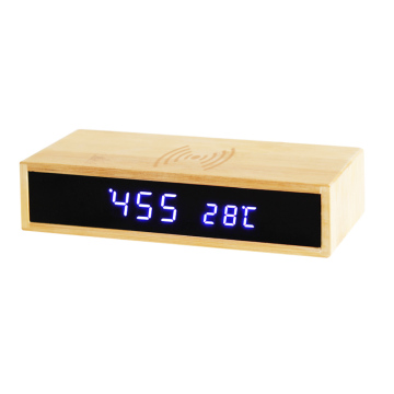 Wooden LED Digital Alarm Clock with Wireless Charging and Temperature Display