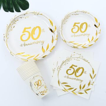 Golden 50th Anniversary Party Supplies: Decorations and Tableware for 16