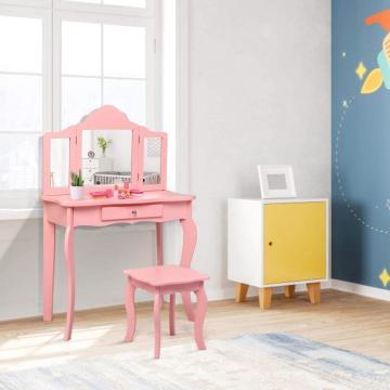 Kids Wooden Vanity Table Set with Writing Desk