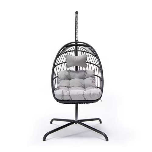 Modern Style Grey Rattan Hanging Egg Chair Indoor/Outdoor Garden Hammock with Metal Frame for Outdoor Furniture