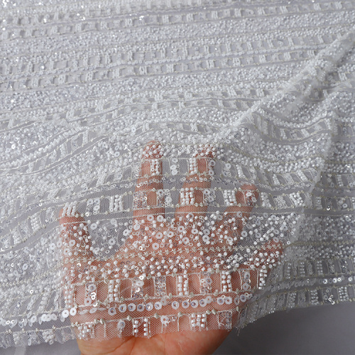 tissu de dentelle de maille de tissu de broderie perlé de paillettes blanches