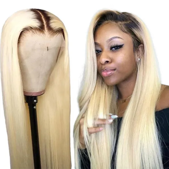 Wholesale Brazilian Natural Human Hair Pre-Pluncked Straight Ombre 1B 613 Blonde Lace Frontal Human Hair Wig for Black Women