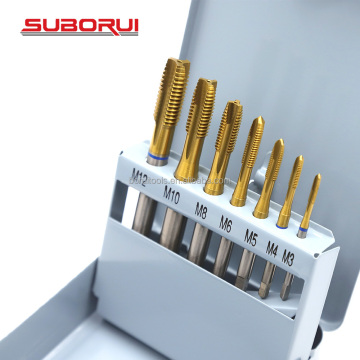 SUBORUI 7pcs M3-M12 HSS Titanium Coated DIN 371 Spiral Point Machine Tap Set