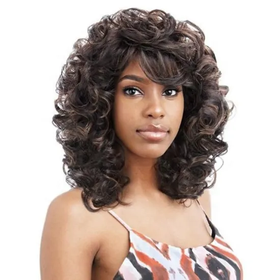 wholesale black loose kinky curly hiar synthetic wigs with mixed bloned hair for women