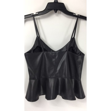 Camisola con dobladillo de volante de cuero negro para mujer