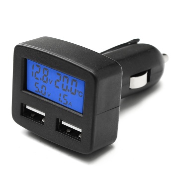 12/24V Dual USB Pengisi daya mobil multifungsi dengan voltmeter LCD dan tampilan suhu