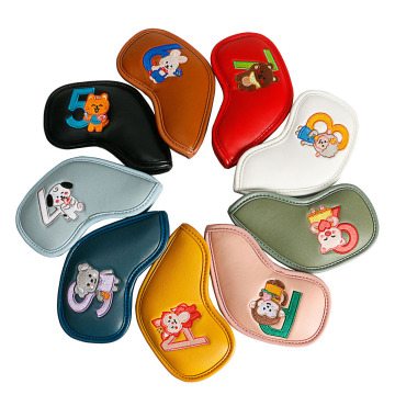 Hochwertiger 9PCS Golf Club Head Cover Set: Cartoon Muster, bestickte PU-Leder-Eisen mit doppelseitigen nummerierten Kopfcovers