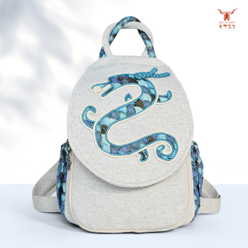 Mochila de lino con dragón auspicioso hecha a mano de estilo étnico para mujer
