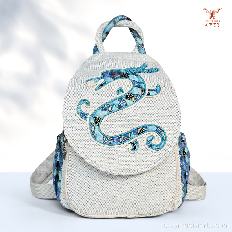 Mochila de lino con dragón auspicioso hecha a mano de estilo étnico para mujer