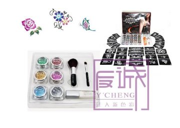 6 Colors Temporary Body Glitter Tattoo Kit With Brushes, Glue, Stencil