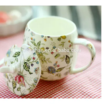 wholesale painted flowers ceramic mug with lid and spoon