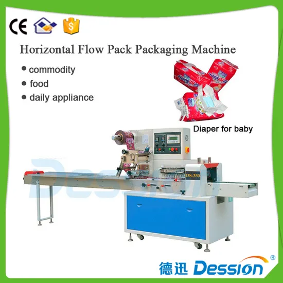 Horizontal flow pack machine to pack baby diaper