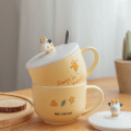 Creative cartoon large capacity mug with cover spoon cute girl heart ceramic cup home oat bowl Milk Cup