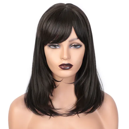 Vigorous Wholesale Top Quality Long Silky Straight Natural Black Wigs Bangs Synthetic Part Side Wigs For Women Heat Resistant