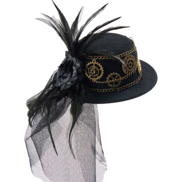 Steampunk mini topi dengan rantai, bulu, gear, dan bunga untuk cosplay
