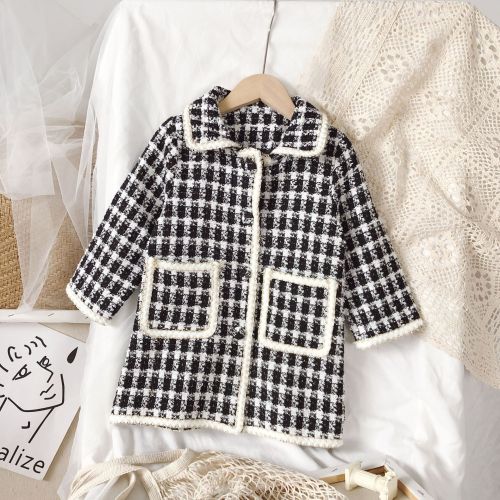 Thickened mid-length girls' jackets & coats black and white checkered girls winter coat