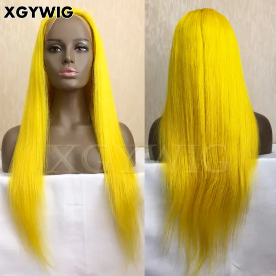 24\" Long Yellow Colored 100% Virgin Human Hair Full Lace Wigs: Pre-Plucked with Natural Hairline and Baby Hair - In Stock 10\"-30\