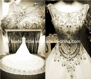 Luxury Crysrtalstones Cathedral Lace Train Bridal Wedding Gowns H13904