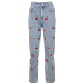 Women High Waisted Pencil Jeans Cute Cherry Embroidery Denim Pants Slim Trousers