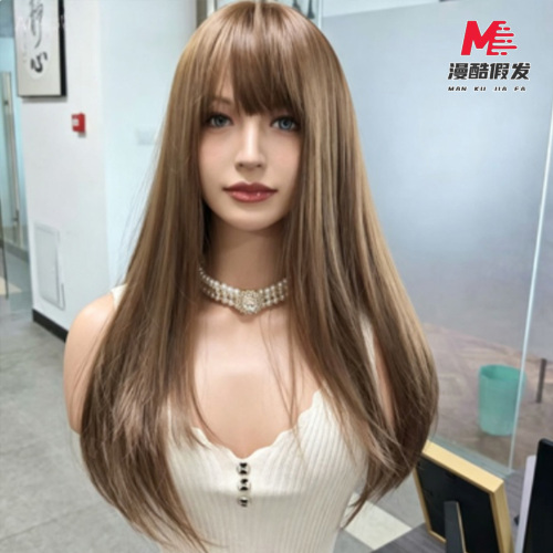 Warm Light Brown Long Straight Synthetic Wig Bangs 2