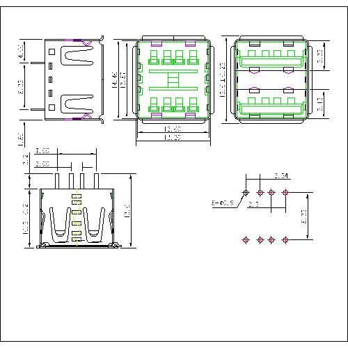 UAFS06 6-USB A Type Receptacle Double Stack Straight DIP L=10.5mm 