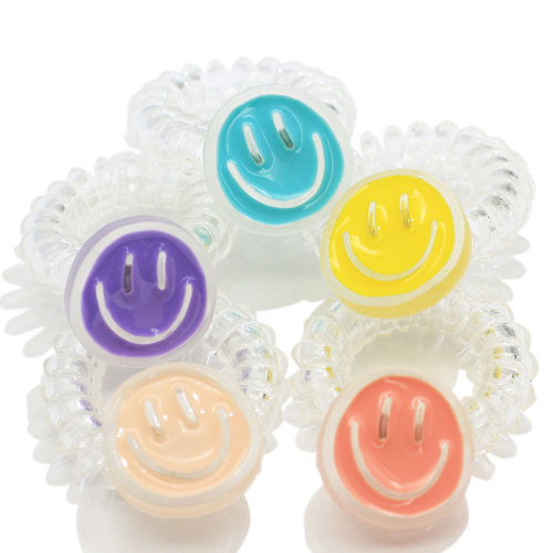 Nuevo Kawaii Clear Phone Cord Hair Ties con Smile Face Coil Cable de teléfono Cuerda de pelo Soporte de cola de caballo Envoltura de coleta