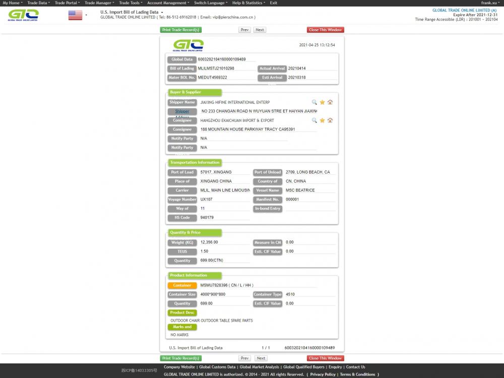 Data Import USA Kerusi Luar