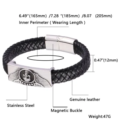 Black Rope Silver Scorpion Stainless Cross Magnetic Clasp Leather Bracelet