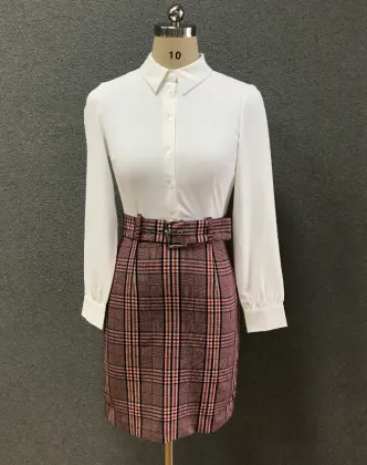 women's white slim shirt/check skirt