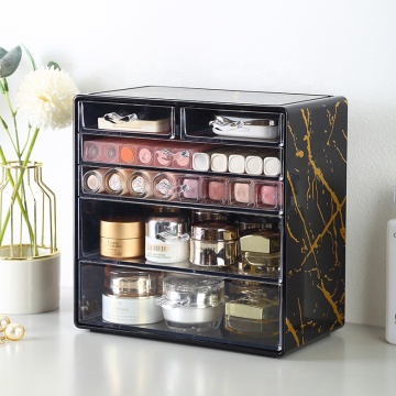 Élégant organisateur de maquillage en plastique en marbre noir avec 6 diviseurs