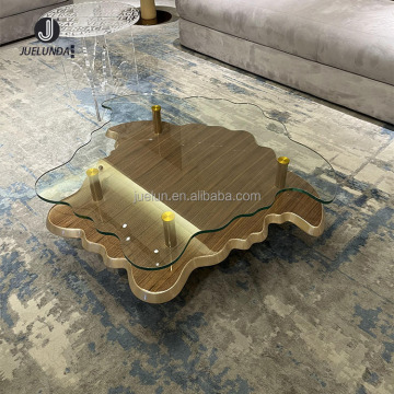 Irregular Art Design Large Wood Coffee Table with Shelf and Glass Top