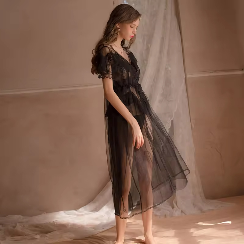 Sexy Lace Transparent Nightdress Thongs Slip nightdress robe set Sexy underwear