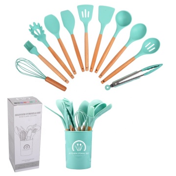 12-Piece Wooden Handle Silicone Kitchenware Cooking Set with Holder