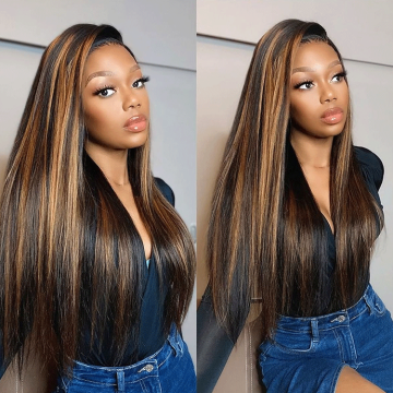 Natrual Black Blonde Highlights Wig Mix Color Deep Wave Curly Pre Plucked HD Transparent Lace Front Raw Virgin Human Hair Wigs