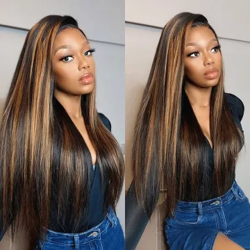 Natrual Black Blonde Highlights Wig Mix Color Deep Wave Curly Pre Plucked HD Transparent Lace Front Raw Virgin Human Hair Wigs