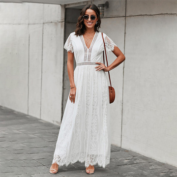 Women's V Neck Floral Lace Maxi Dress