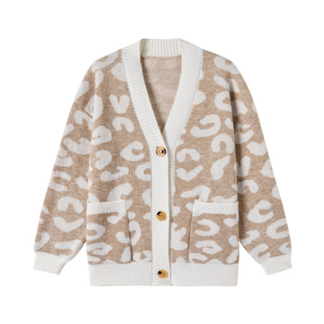 Women's Leopard Jacquard Knit V-Neck Cardigan Sweater for Winter