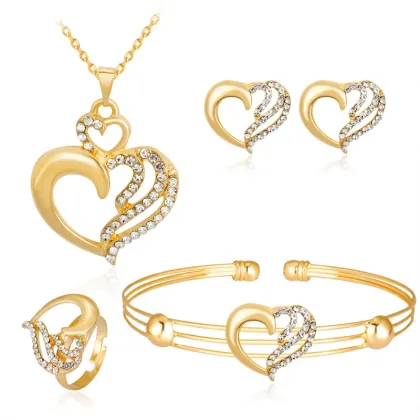Exquisite Alloy Diamond Heart Necklace and Earring Four-Piece Set: The Perfect All-Match Accessory Collection