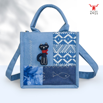 Denim Handheld Crossbody Bag with Standing Cat Design