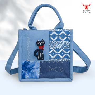 站立貓咪設計牛仔布手提斜背包
