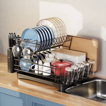 High Capacity Anti-Rust Dish Drying Rack and Drainer: 2-Tier Kitchen Tool Holder
