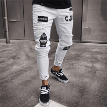Men's Jeans Skinny Hip Hop Cool Streetwear Biker Embroidery Patch Hole Ripped Zipper Jeans Slim Mens Clothes Pencil Homme Jeans