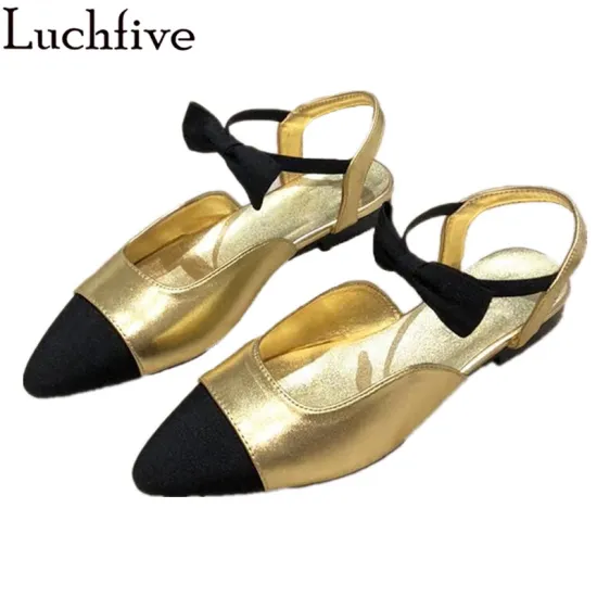 New Ankle Strap Bowknot Sandals Women Gold Black Round toe Splicing Designer Sandals Brand Dress Party Shoes flat sandals mujer