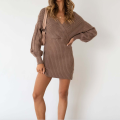 Women's V Neck Long Sleeve Midi Dress