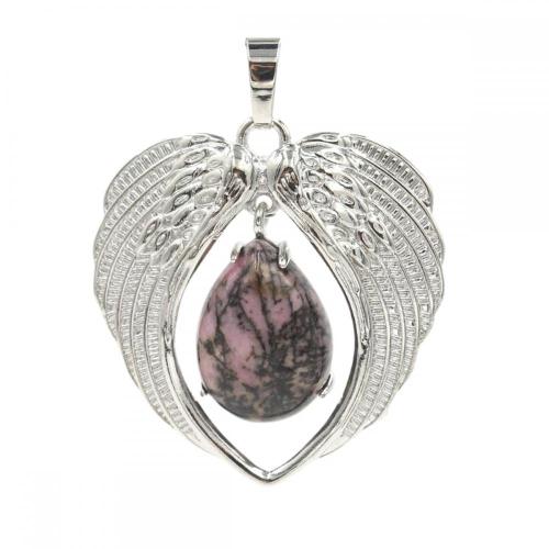 Gemstone Silver Alloy Wing Teardrop Gemstone Pendant Heart Shape Crystal Healing Reiki Wing Charm Pendant for DIY Jewelry making