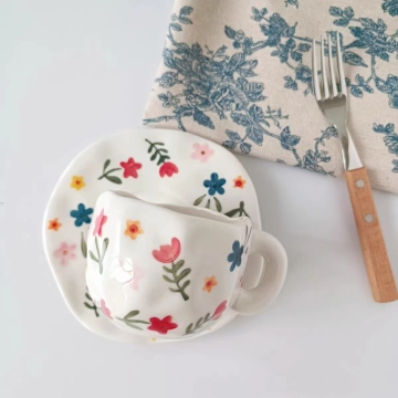 Hand-Painted Flower Porcelain Coffee Cup and Saucer Set, 300ML