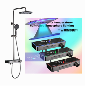 3-Function Gun Grey Temperature Controlled Shower Faucet Set with LED Light and Shelf