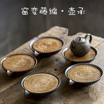 Japanische Rattan -Topfschale mit Keramikunterstützung - Teematte für Kung Fu Tee Tisch